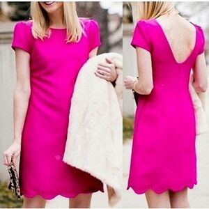 Camilyn Beth Dress Pink Ponte Scalloped Hem Puff Sleeves Open V-back Pockets